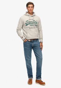 Sudadera gris con logo verde, forro de cuadros en el cuello. Jeans azul claro, zapatos marrones con cordones, en pose de pie frente a un fondo blanco.