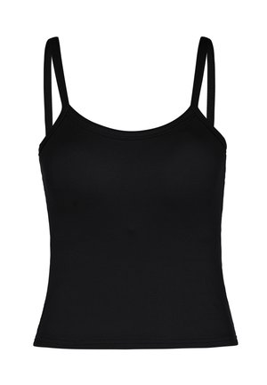 Sort ribbet cropped tanktop med tynde skulderstropper og rundet halsudskæring på hvid baggrund.