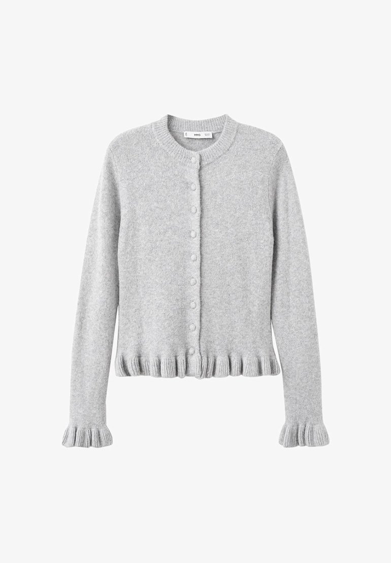Cardigan à manches longues gris clair avec encolure ronde, boutons sur le devant, et bords froncés aux poignets et à l'ourlet.