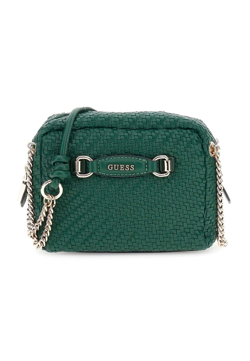 Borsa a tracolla intrecciata verde con dettagli in catena color oro, forma rettangolare e logo frontale. Chiusura con cerniera e tracolla regolabile.