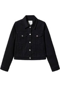 Giacca di jeans nera, design corto, chiusura con bottoni, due tasche anteriori, due tasche laterali, accessori in tono argento, colletto e maniche lunghe.