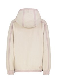 Crème fleece jack met een capuchon, voorzien van een roze rand, elastische manchetten en een gestructureerd oppervlak. Minimalistisch ontwerp met een comfortabele pasvorm.