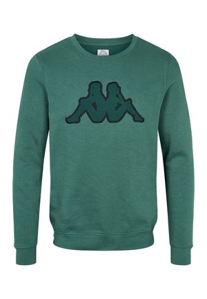 Zielona polarowa bluza z czarnym haftowanym graficznym motywem przedstawiającym dwie siedzące postacie. Projekt zawiera okrągły dekolt i ściągacze u rękawów.