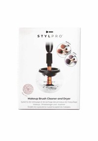 Makeup Borst Rengörare och Torkare, klar skål, svart handtag, koppar detaljer, förpackningen innehåller före-och-efter bilder på borstar, QR-kod.