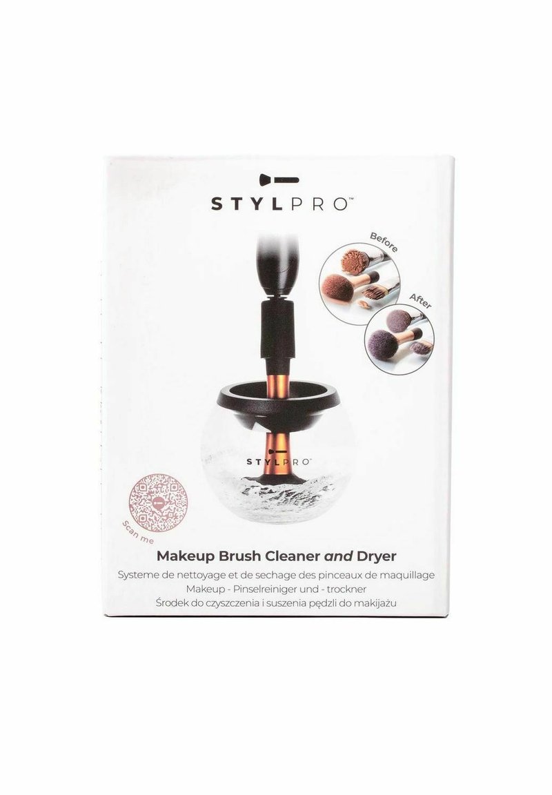 Makeup Borst Rengörare och Torkare, klar skål, svart handtag, koppar detaljer, förpackningen innehåller före-och-efter bilder på borstar, QR-kod.