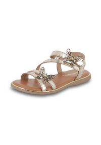 Sandali metallici dorati con molteplici cinturini e dettagli a farfalla. Soletta liscia beige e suola leggera marrone. Calzature estive casual.