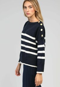 Pull rayé bleu marine et blanc avec un col rond, un ourlet côtelé et des boutons à l'épaule. Texture en tricot douce, coupe décontractée.