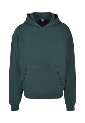 Sweat à capuche vert en tissu doux, doté d'une poche kangourou, d'une coupe décontractée, de poignets et d'un ourlet côtelés, avec une capuche à double épaisseur.