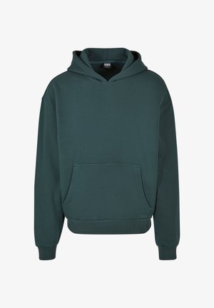 Zelena kapuca iz mehkega blaga, z kenguru žepom, sproščenim krojem, rebrastimi manšetami in robom ter dvojnim slojem na kapuci.