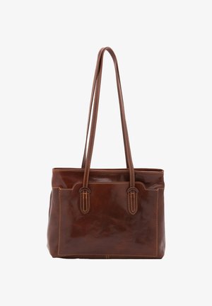 Sac fourre-tout en cuir brun avec deux poignées, une texture lisse, des coutures contrastées, et une forme rectangulaire avec un fond plat.