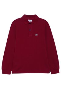 Burgunderfarbendes Langarm-Polohemd aus Baumwolle mit klassischen Kragen, einer Knopfleiste mit zwei Knöpfen und einem kleinen Lacoste-Krokodil-Logo auf der Brust.