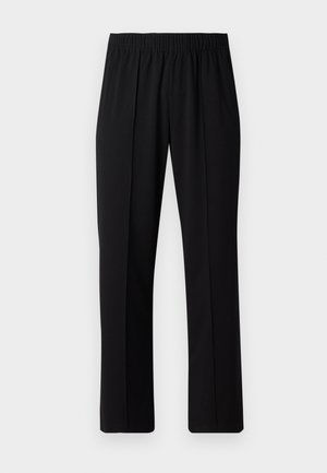 Black, elastic-waist trousers with a straight-leg design, featuring a smooth texture and no visible patterns or hardware.