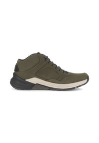 Olivengroene mid-top sneakers met een zachte leren bovenkant, zwarte accenten, een textuur oppervlak en een gewatteerde witte tussenzool. Zwarte rubberen buitenzool.