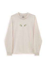Langärmliges, hellbeiges T-Shirt aus Baumwolle, mit einem floralen Stickdesign in Grün und Weiß, das auf der Brust zentriert ist.