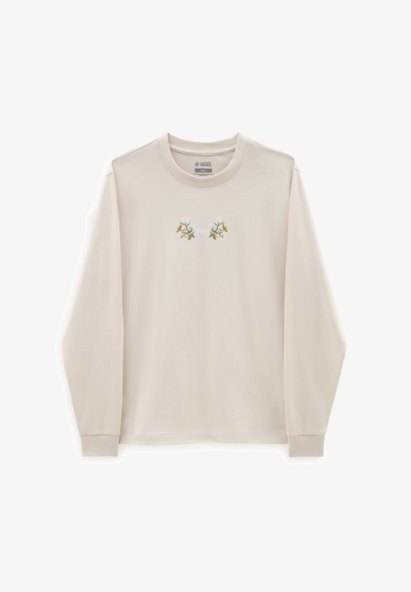 Langärmliges, hellbeiges T-Shirt aus Baumwolle, mit einem floralen Stickdesign in Grün und Weiß, das auf der Brust zentriert ist.