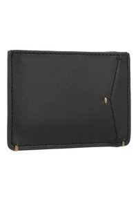 Zwarte leren kaarthouder met een gladde textuur, voorzien van beige stiksels en een driehoekig accentdetail aan één zijde. Compact en minimalistisch ontwerp.