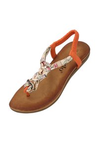 Sandalo piatto con cinturini arancioni, tomaia in tessuto a motivo floreale, soletta marrone imbottita e dettagli discreti.