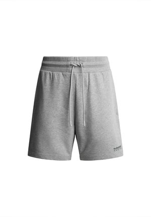 Pantalones cortos de mezcla de algodón gris con cinturilla elástica y cordón. Cuenta con un bolsillo lateral y un logo en la parte inferior de la pierna izquierda.