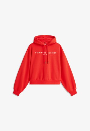Sweat à capuche rouge à manches longues avec texte devant "Tommy Hilfiger EST 1985", avec capuche à cordon de serrage et poignets et ourlet côtelés.