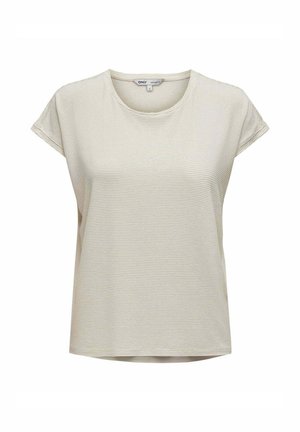 Lys beige stribet T-shirt med rund hals og korte, opsmøgede ærmer. Fremstillet af blødt stof med en afslappet pasform.