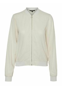 Light beige bomber jacket, featuring a ribbed collar and cuffs, front zipper closure, and side pockets. Smooth fabric with a subtle texture.