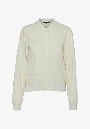Lyse beige bomberjakke med ribbet krave og manchetter, frontlynlås og sidelommer. Glat stof med en subtil tekstur.