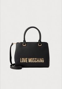 Black rectangular handbag with two handles and detachable shoulder strap, featuring gold "LOVE MOSCHINO" logo on front.