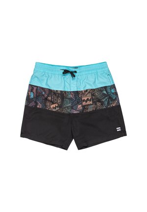 Les shorts de bain pour hommes présentent une taille bleu clair, une partie médiane à motifs avec diverses graffitis dans des couleurs sombres, et une section inférieure noire unie.