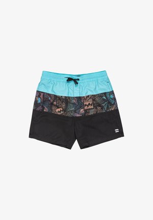 I costumi da bagno da uomo presentano una cintura blu chiaro, una sezione centrale stampata con vari grafiche in colori scuri e una parte inferiore nera uniforme.
