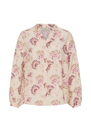 Ženska bluza z gumbi, dolgimi nabranimi rokavi, mehka bež tkanina in rožnat cvetlični vzorec.