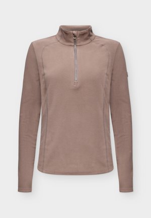 Jersey polar de manga larga en tono topo, con cuello alto y cremallera corta en la parte delantera, sobre un fondo liso.