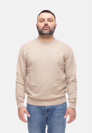 Uomo con capelli corti e scuri e barba, indossa un maglione beige e jeans blu, in piedi contro uno sfondo bianco, di fronte.