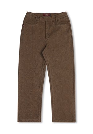 Brown, loose-fitting trousers with a textured fabric. Features belt loops, front pockets, and a rectangular waistband. Brand tag visible.