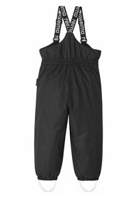 Zwarte waterdichte overalls met verstelbare schouderbanden, voorzien van elastische manchetten en witte voetbanden. Zachte textuur en eenvoudig ontwerp.