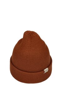 Wełniana czapka beanie w kolorze spalanej pomarańczy z prążkowaną teksturą, z wywiniętym mankietem i małą metką po boku.