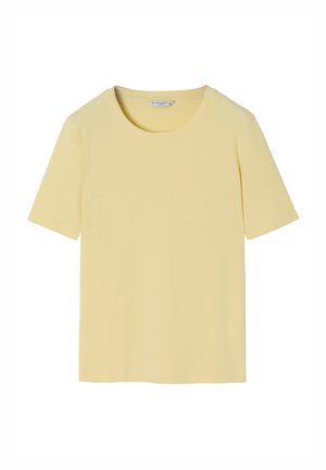 T-maica s kratkimi rokavi in krožnim ovratnikom iz mehkega svetlo rumenega materiala. Ima sproščen kroj in brez vidnih vzorcev ali dodatkov.