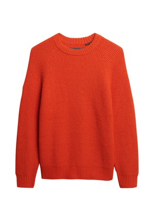 Maglione arancione a coste con scollo tondo e maniche lunghe raglan. Presenta un motivo strutturato e un orlo aderente.