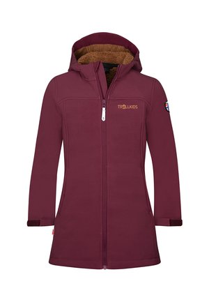 Langer kastanienbrauner Kinderjacke mit Kapuze und Frontreißverschluss, braunes Fleecefutter, Trollkids-Logo auf der Brust und Flaggenaufnäher am linken Ärmel.