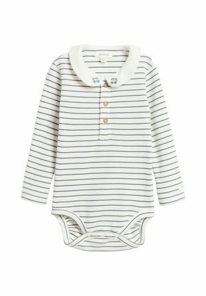 Cremefarbener Baby-Einteiler mit langen Ärmeln, navyblauen horizontalen Streifen, Holzknöpfen und weißem Kragen mit kleiner blauer Eulenstickerei.