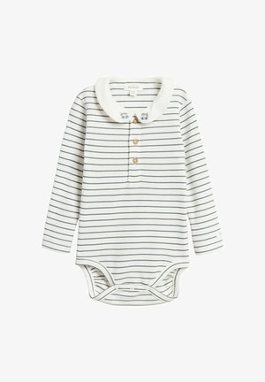Cremefarbener Baby-Einteiler mit langen Ärmeln, navyblauen horizontalen Streifen, Holzknöpfen und weißem Kragen mit kleiner blauer Eulenstickerei.