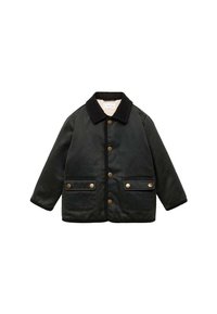 Jachetă de iarnă verde închis, cu guler din corduroy negru, închidere cu nasturi frontali, două buzunare cu clapetă cu nasturi de alamă și căptușeală din fleece vizibilă în interior.