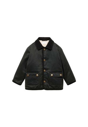 Veste d'hiver vert foncé avec col en velours côtelé noir, fermeture à boutons sur le devant, deux poches à rabats avec boutons en laiton, et doublure en polaire visible à l'intérieur.