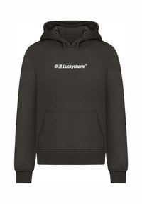 Dark gray hoodie made of soft fabric, featuring a kangaroo pocket, ribbed cuffs, and a white printed logo on the front.