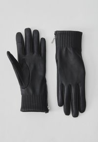 Schwarze Lederhandschuhe mit gerippten Bündchen, einem seitlichen Reißverschluss und glatter Oberfläche. Sie haben fünf Fingerfächer und eine gepolsterte Fläche an der Handfläche.