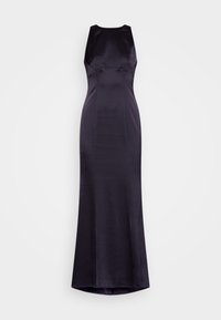 Lång, figursydd klänning i mörklila satin med ärmlös design, hög halsringning och en något utsvängd nederdel för en elegant silhuett.