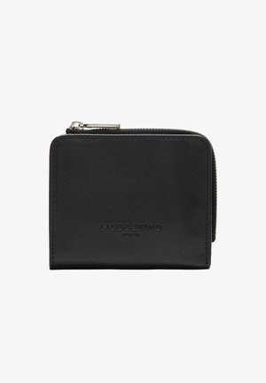 Portefeuille en cuir noir avec fermeture éclair, arborant le nom de la marque "LIEBESKIND" en relief à l'avant. Texture lisse, forme rectangulaire.