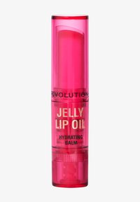 Transparent tube av rosa gelé leppeolje-balm med gulltekst, rund topp, vribar applikator, fremhever fuktighetsgivende egenskaper.