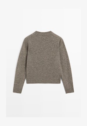 Brun strikket langærmet trøje med ribbede manchetter, kant og rund halsudskæring, vist fra ryggen på en hvid baggrund.