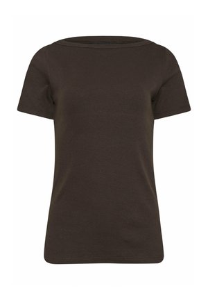 Schlichtes dunkelbraunes, kurzärmeliges, geripptes Strick-T-Shirt mit rundem Halsausschnitt, dargestellt vor weißem Hintergrund.