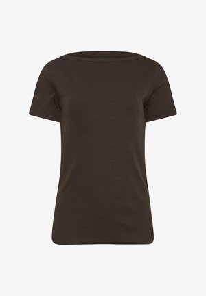 Camiseta lisa de punto acanalado de manga corta en color marrón oscuro, con cuello redondo, exhibida sobre un fondo blanco.